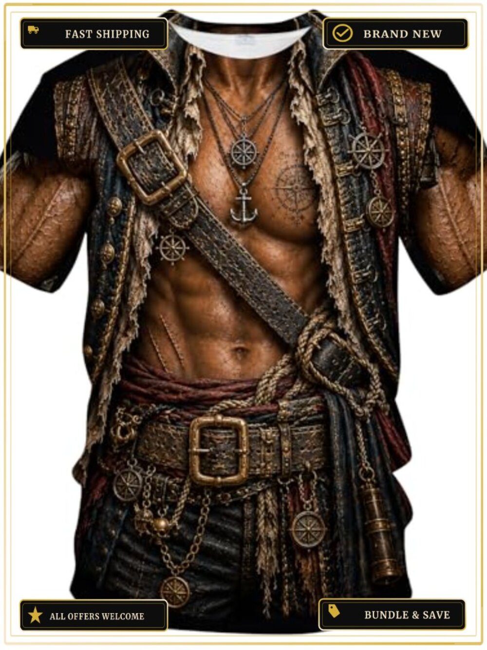 Mens 3D Pirate Cosplay Graphic T-Shirt Short Sleeve Crewneck Novelty Tee